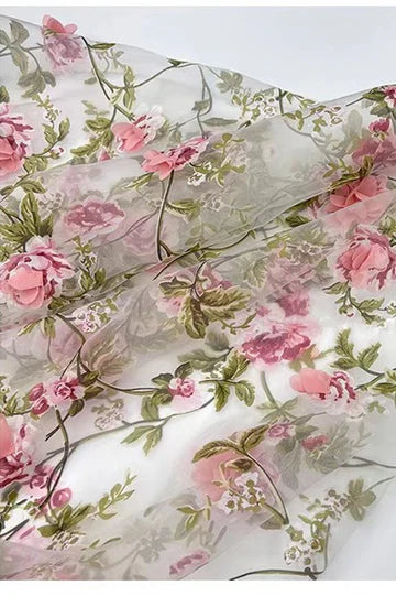 Organza Plunge V A-Line Long Prom Dress with 3D Floral Lace