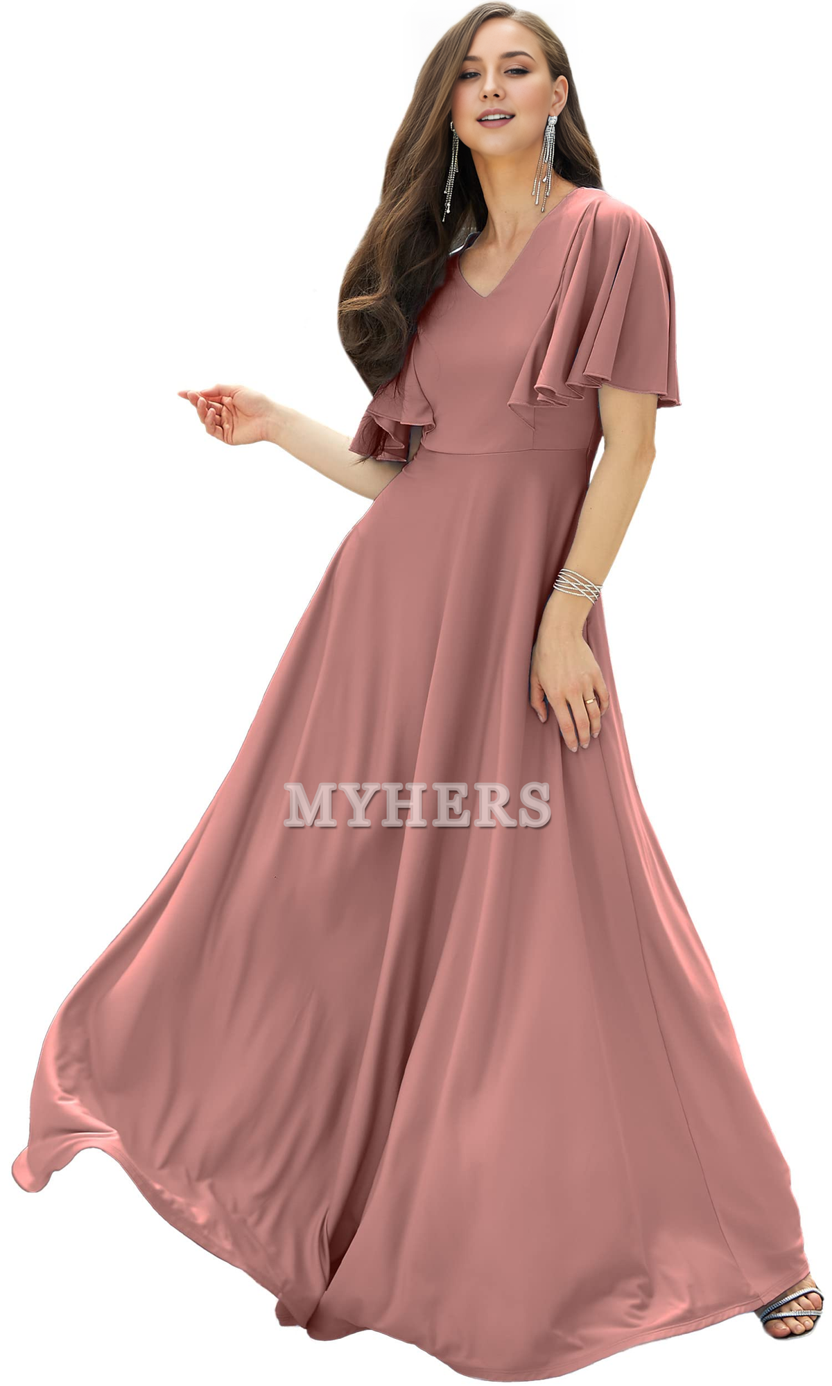 A Line V Neck Flutter Sleeve Long Elegant Bridesmaid Dresses Wedding Guests Dresses