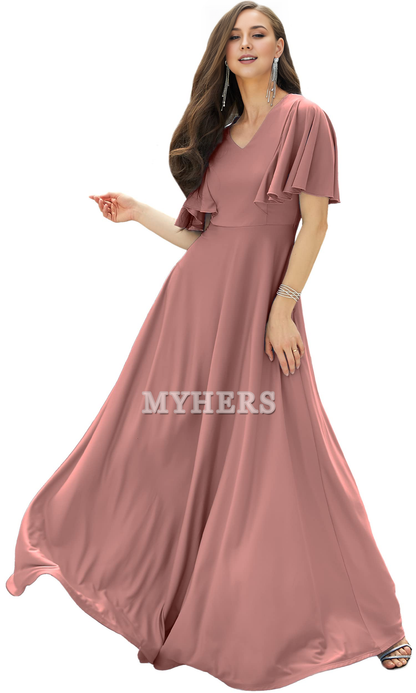 A Line V Neck Flutter Sleeve Long Elegant Bridesmaid Dresses Wedding Guests Dresses