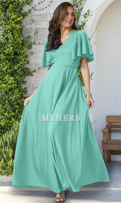 A Line V Neck Flutter Sleeve Long Elegant Bridesmaid Dresses Wedding Guests Dresses