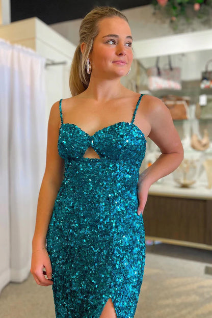 Sequin Keyhole Straps Mermaid Long Prom Dress with Slit