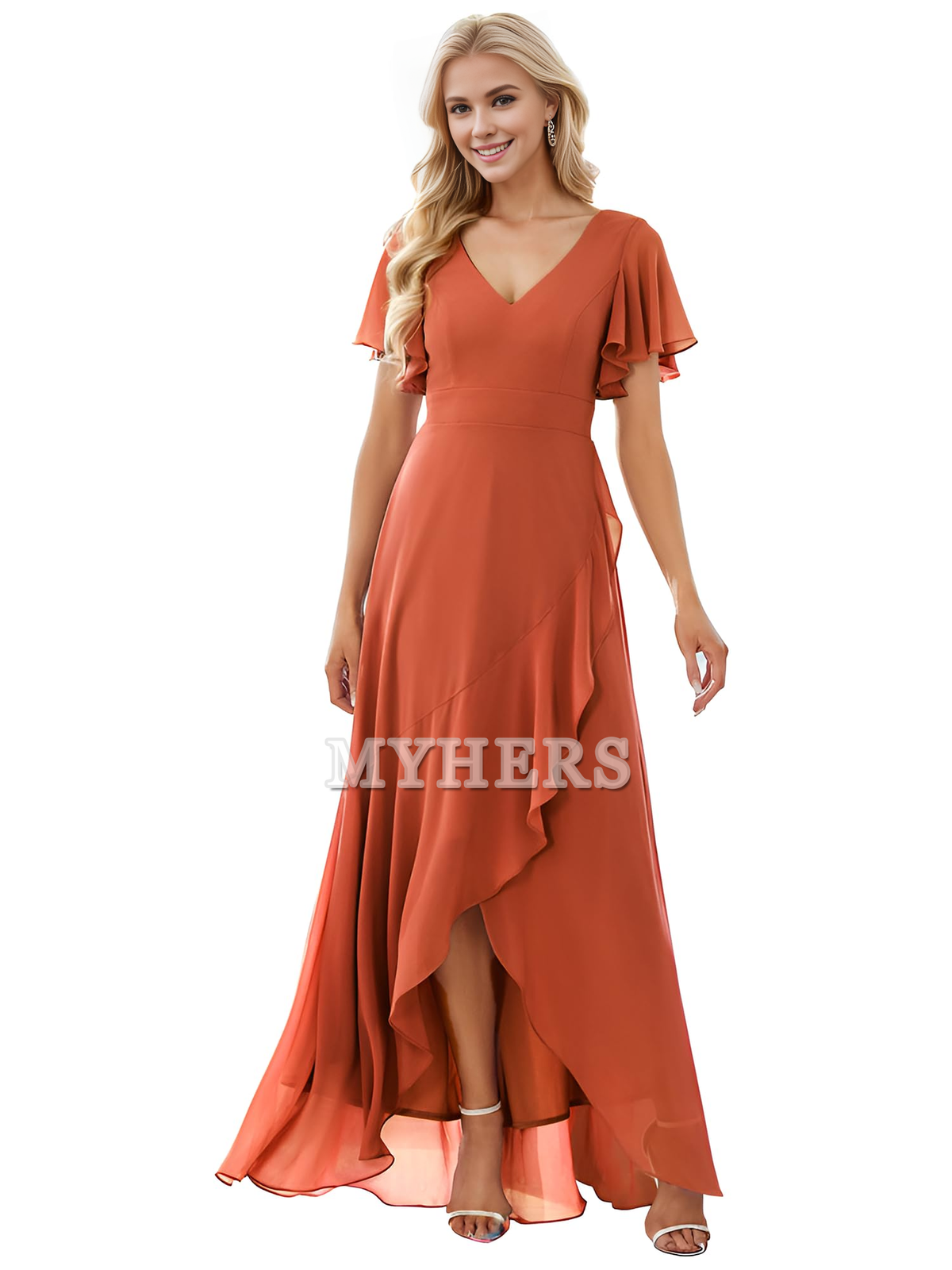 A Line V Neck Ruffle High Low Chiffon Elegant Simple Bridesmaid Dresses Wedding Guests Dresses