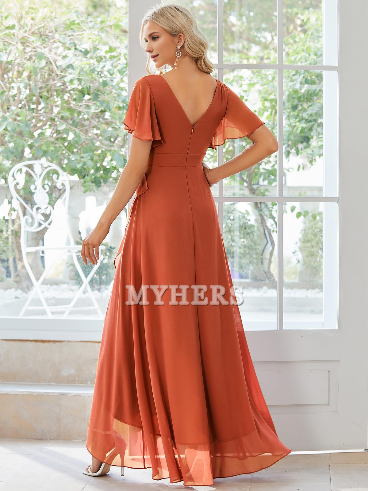 A Line V Neck Ruffle High Low Chiffon Elegant Simple Bridesmaid Dresses Wedding Guests Dresses