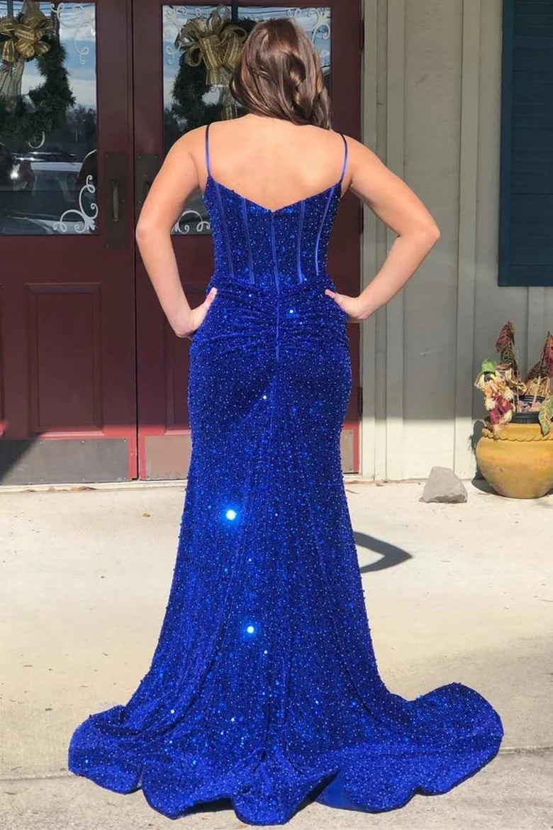 Sequin Split Neck Mermaid Long Prom Dress