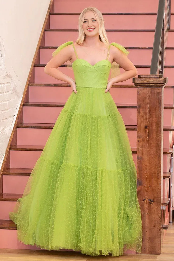 Sweet A Line Sweetheart Green Spaghetti Strap Dot Tulle Long Prom Dresses