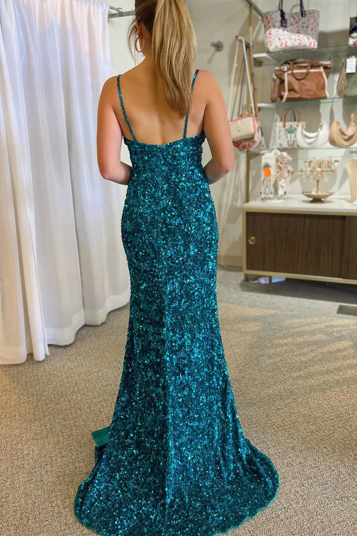 Sequin Keyhole Straps Mermaid Long Prom Dress with Slit