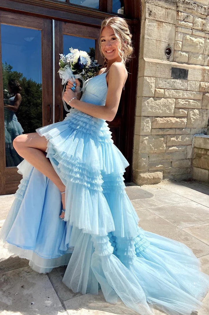 Tulle Multi-Tiered V-Neck Long Prom Dress