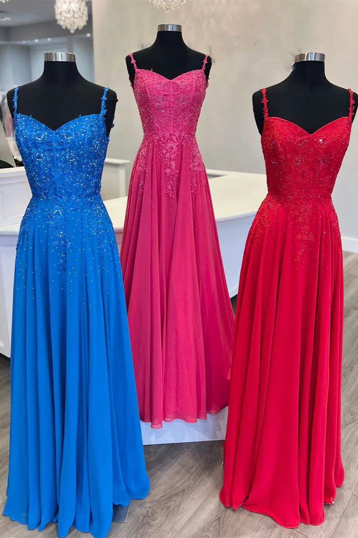 Floral Appliques V-Neck Straps A-Line Prom Dress