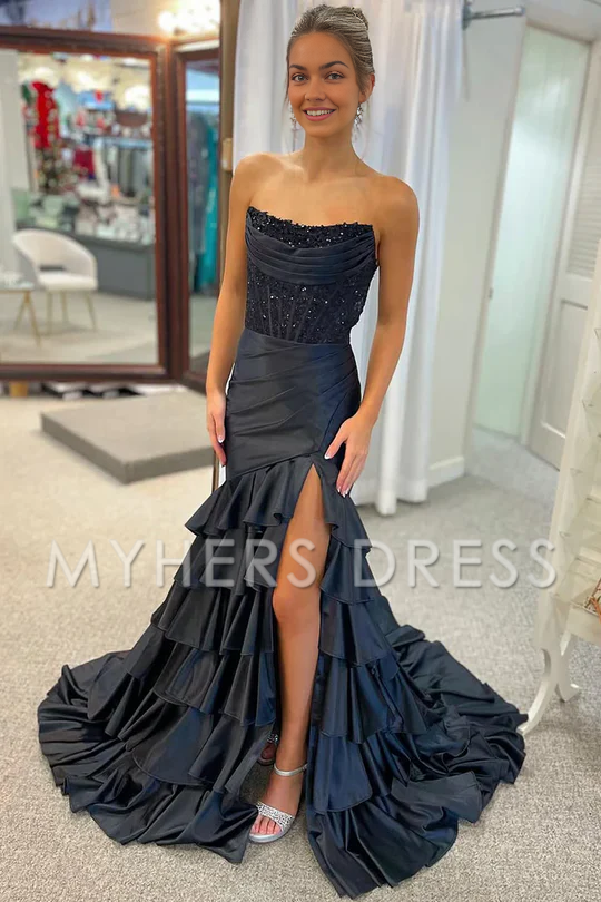 My Hers Ladies Formal Dress Strapless Scoop Layered Pleated Mermaid Side Fork Elegant Prom Dress