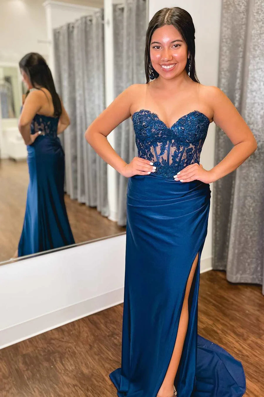 Lace Strapless Sheath Dress with Slit