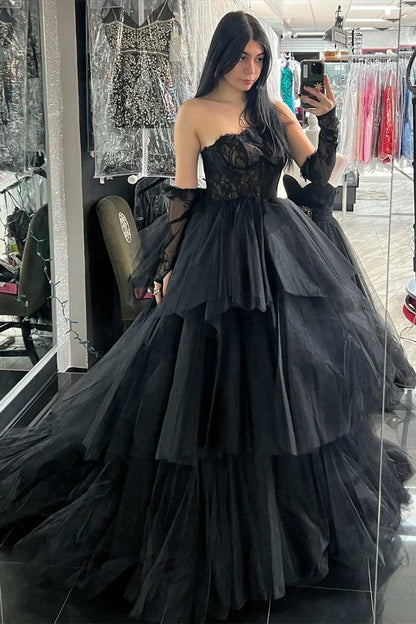 Lace Strapless Multi-Tiered Long Prom Dress