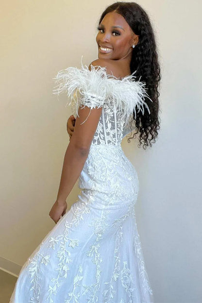 Floral Lace Feather Off-the-Shoulder Mermaid Long Prom Dress