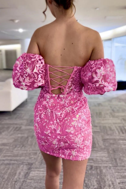 Sequin Lace Strapless Short Dress with Detachable Sleeves