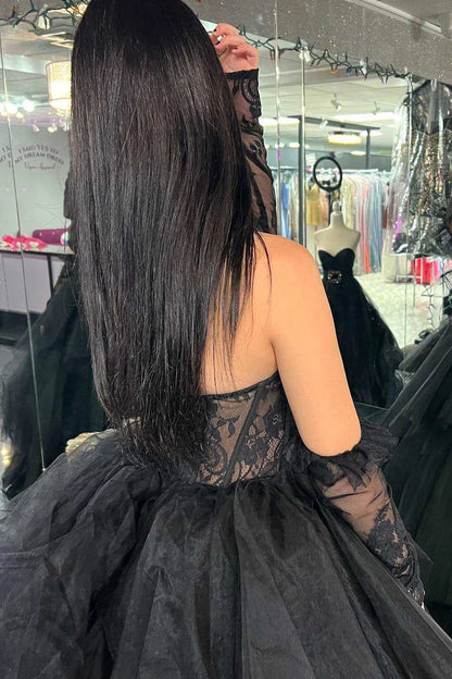 Lace Strapless Multi-Tiered Long Prom Dress