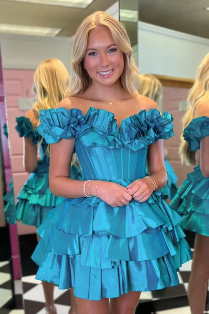 Off the Shoulder Ruffle A-Line Homecoming Dress