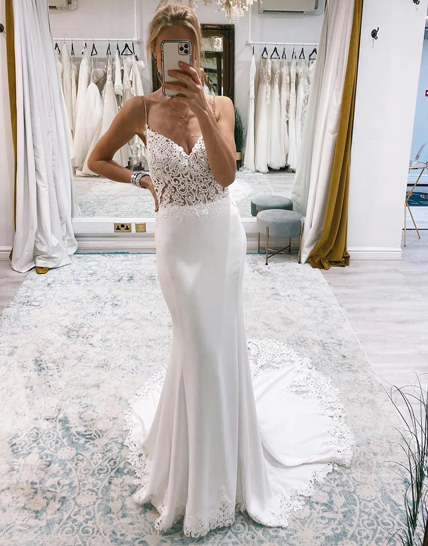Mermaid Sweep Train Boho Long Mermaid Wedding Dress with Lace