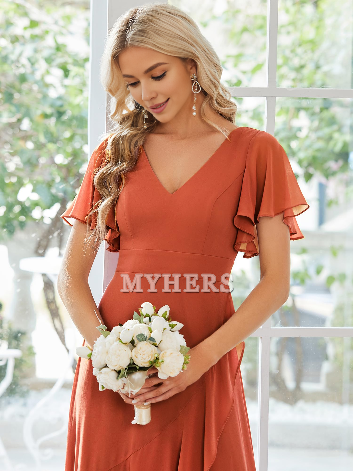 A Line V Neck Ruffle High Low Chiffon Elegant Simple Bridesmaid Dresses Wedding Guests Dresses
