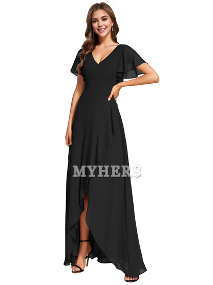A Line V Neck Ruffle High Low Chiffon Elegant Simple Bridesmaid Dresses Wedding Guests Dresses