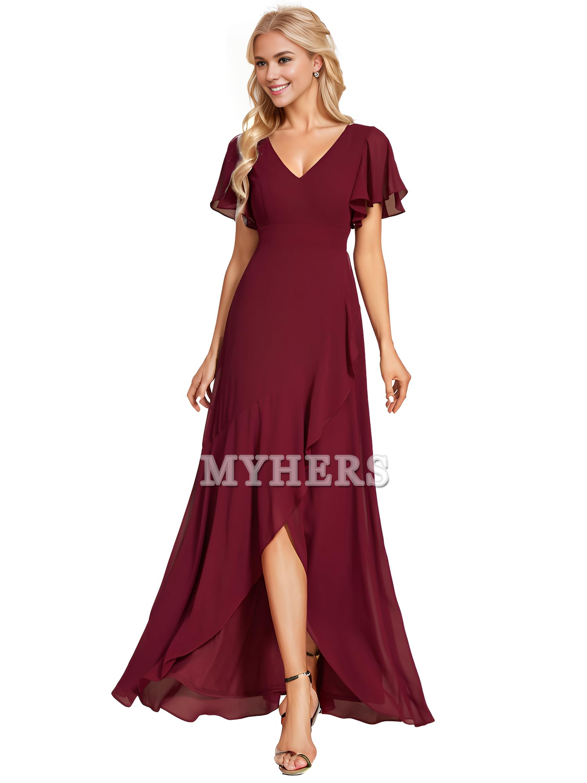A Line V Neck Ruffle High Low Chiffon Elegant Simple Bridesmaid Dresses Wedding Guests Dresses