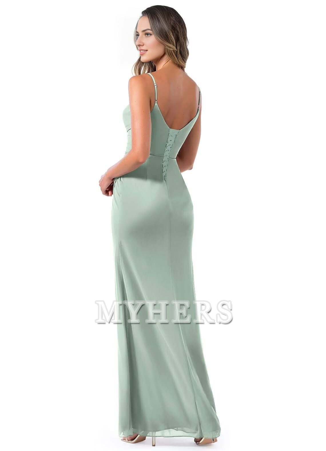 Pleated A Line Spaghetti Strap Chiffon Side Fork Long Bridesmaid Dresses Wedding Guests Dresses