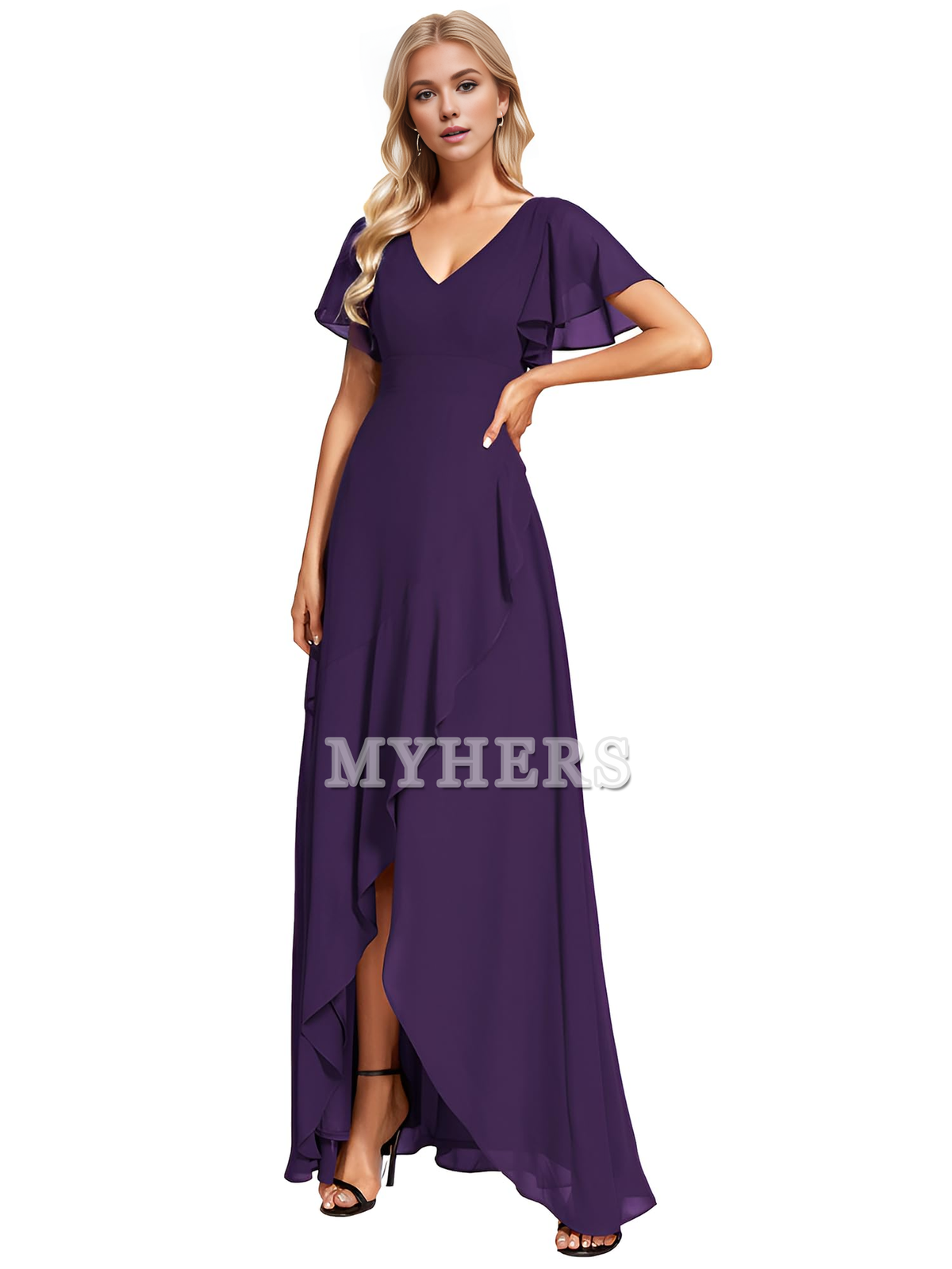 A Line V Neck Ruffle High Low Chiffon Elegant Simple Bridesmaid Dresses Wedding Guests Dresses