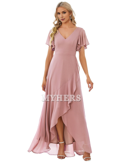 A Line V Neck Ruffle High Low Chiffon Elegant Simple Bridesmaid Dresses Wedding Guests Dresses