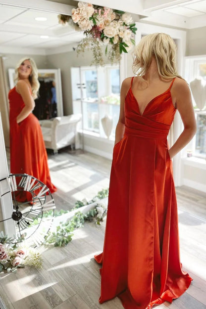 Satin Pleated V-Neck Backless Long PromDress