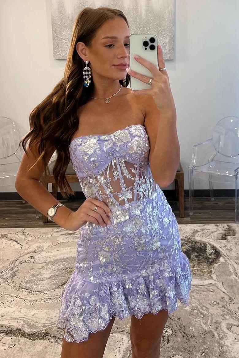 Sequin Lace Strapless Sheer Bodice Short Gown with Ruffles
