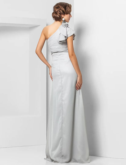 Sheath / Column Elegant Dress Wedding Guest Floor Length Sleeveless One Shoulder Chiffon with Sash / Ribbon Appliques