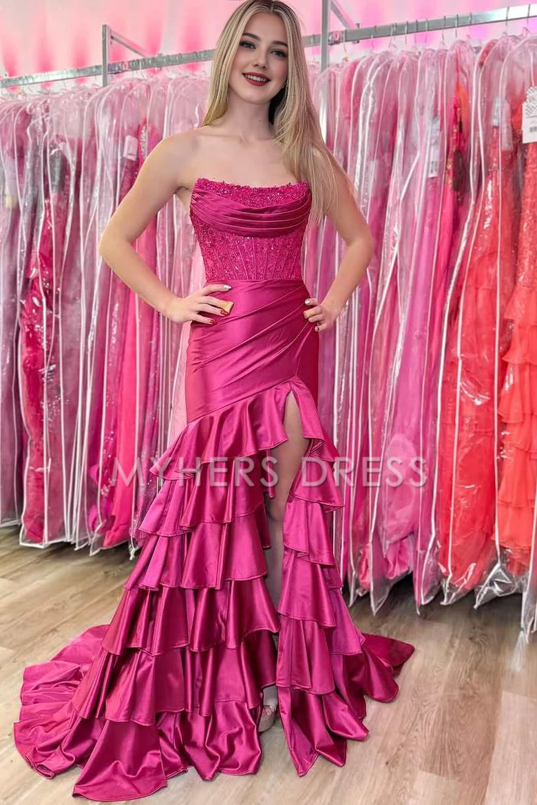 My Hers Ladies Formal Dress Strapless Scoop Layered Pleated Mermaid Side Fork Elegant Prom Dress