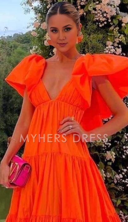 My Hers Prom Dress A-Line Deep V Neck Short Sleeves Pleated Long Exquisite Fashion Ladies Formal Dress