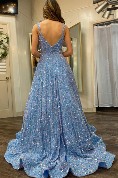 Sequin Square Neck Open Back Ball Gown
