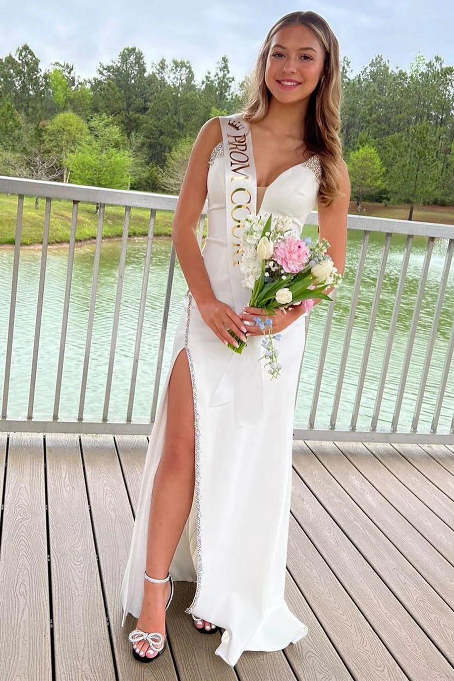 Bead-Trimmed Strapless Long Formal Dress with Slit