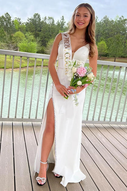 Bead-Trimmed Strapless Long Formal Dress with Slit