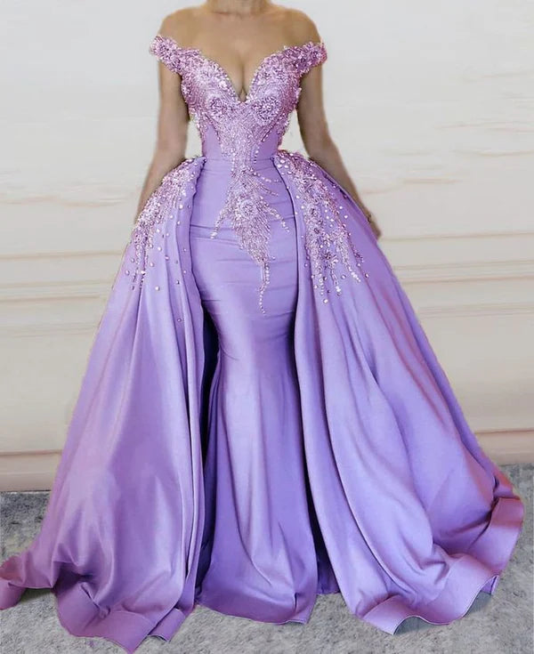 Sheath Mermaid Off the Shoulder Evening Gown V Neck Long Prom Dress With Beading