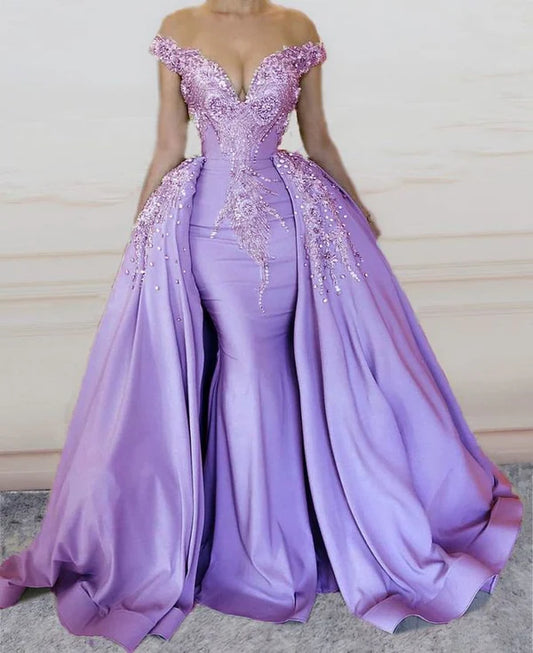 Sheath Mermaid Off the Shoulder Evening Gown V Neck Long Prom Dress With Beading