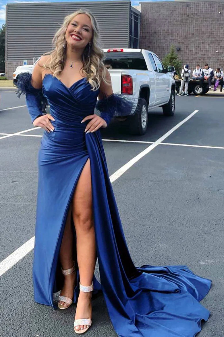 Strapless Long Sleeve Mermaid Prom Dress with Slit