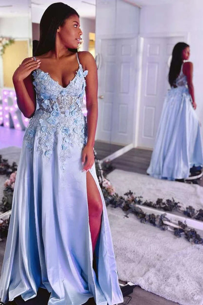 V-Neck Backless A-Line Prom Dress with 3D Flowers