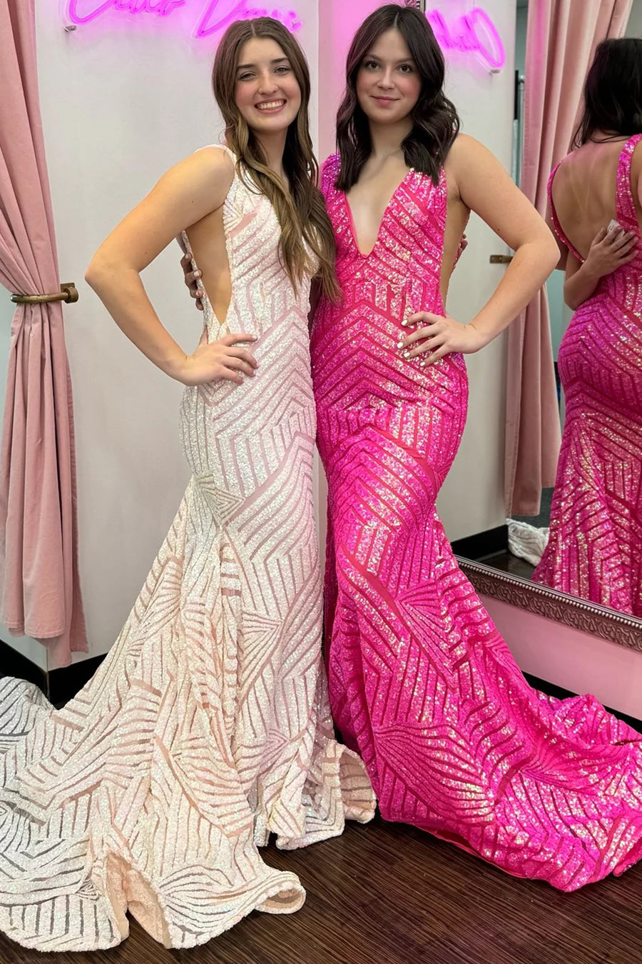 Plunge V  Sequins Mermaid Long Evening Dress