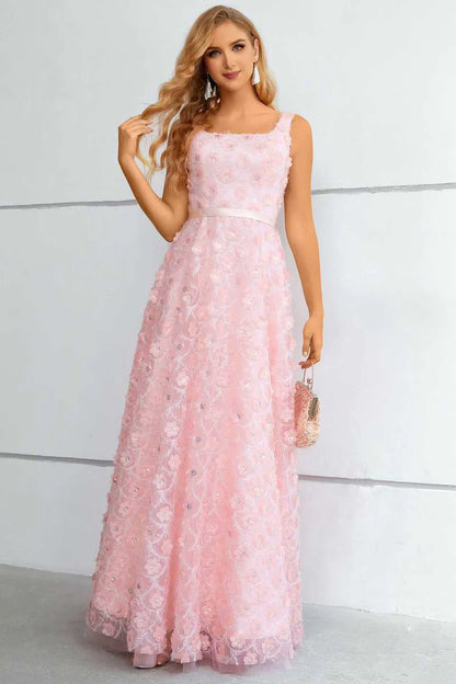 3D Floral Lace Square Neck A-Line Prom Dress
