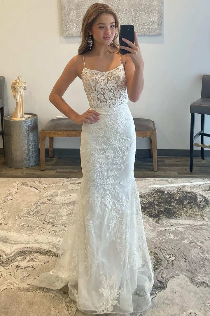 Floral Lace Scoop Neck Lace-Up Mermaid Long Prom Dress