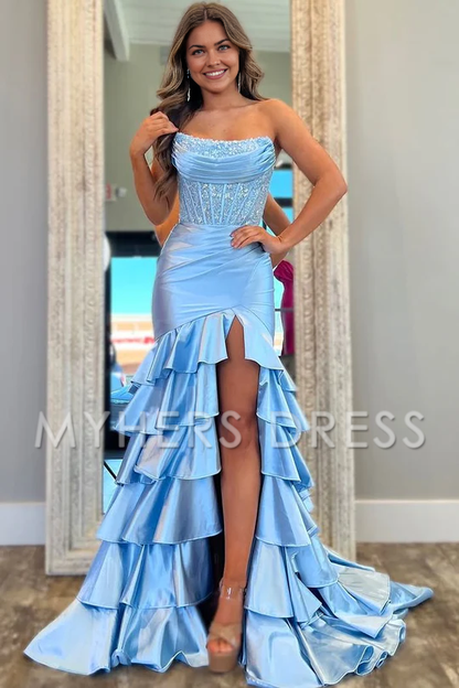 My Hers Ladies Formal Dress Strapless Scoop Layered Pleated Mermaid Side Fork Elegant Prom Dress