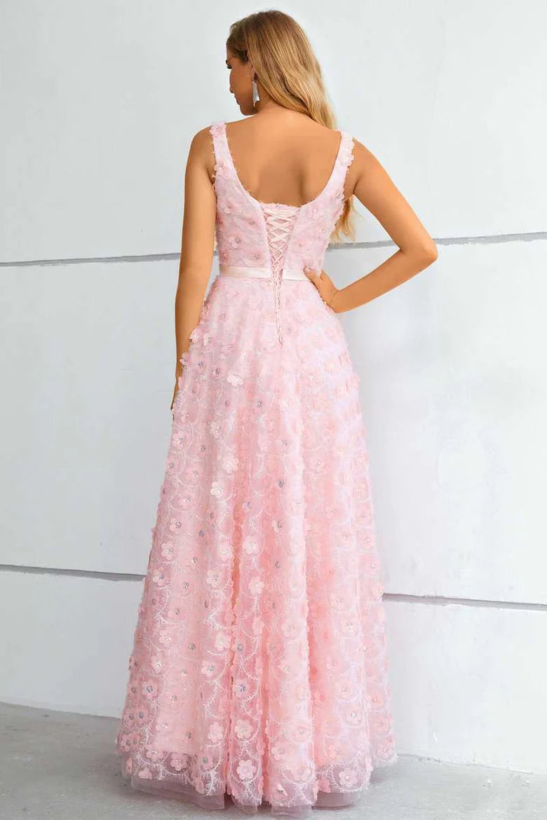 3D Floral Lace Square Neck A-Line Prom Dress