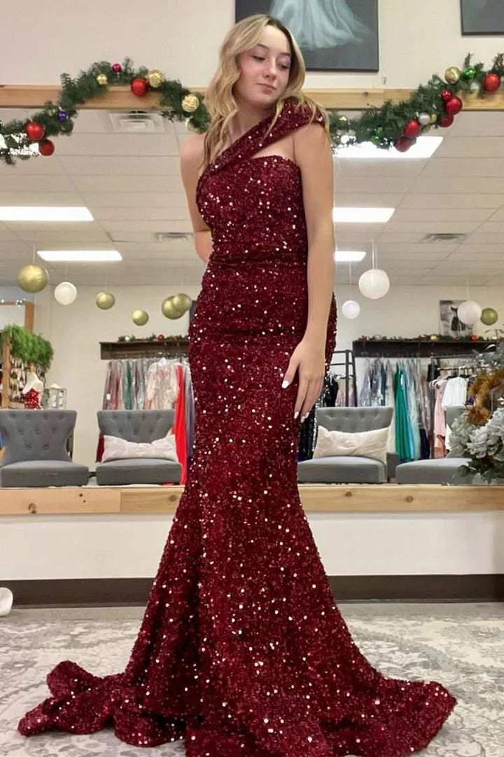 Sequin One-Shoulder Mermaid Long Prom Dress