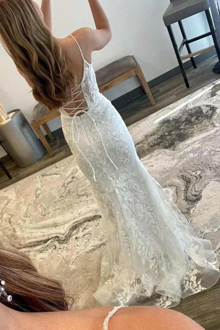 Floral Lace Scoop Neck Lace-Up Mermaid Long Prom Dress