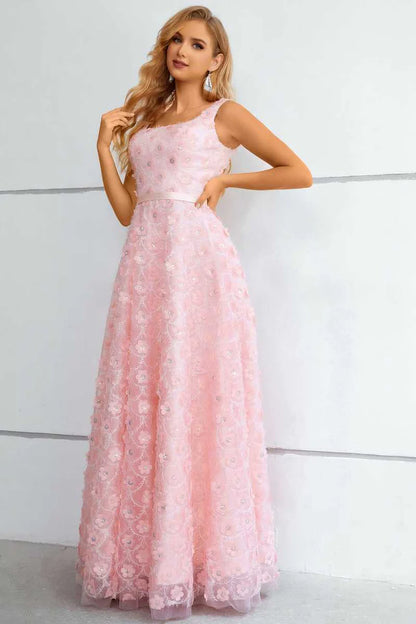 3D Floral Lace Square Neck A-Line Prom Dress