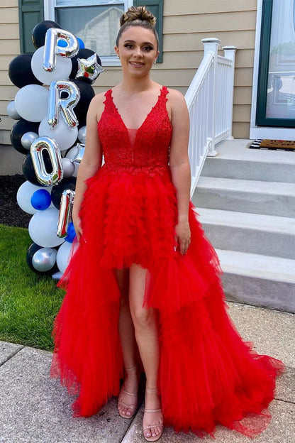 High-Low Tulle Plunge V Tiered Formal Gown with Ruffles