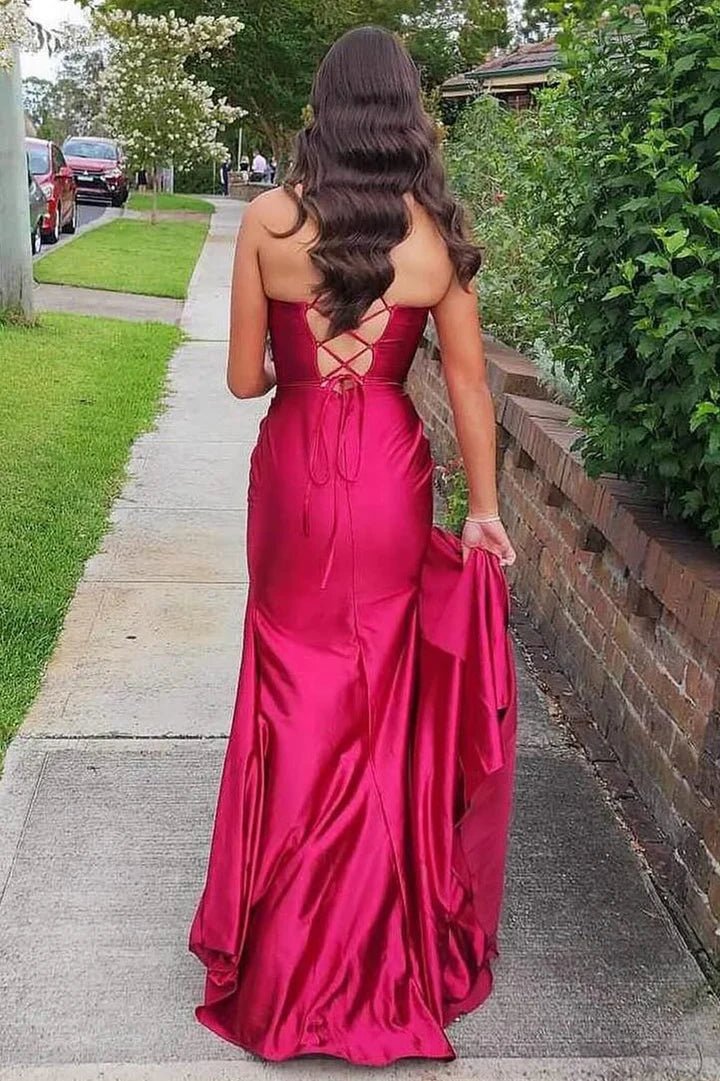 Cowl Neck Ruched Lace-Up Long Prom Dress with Slit
