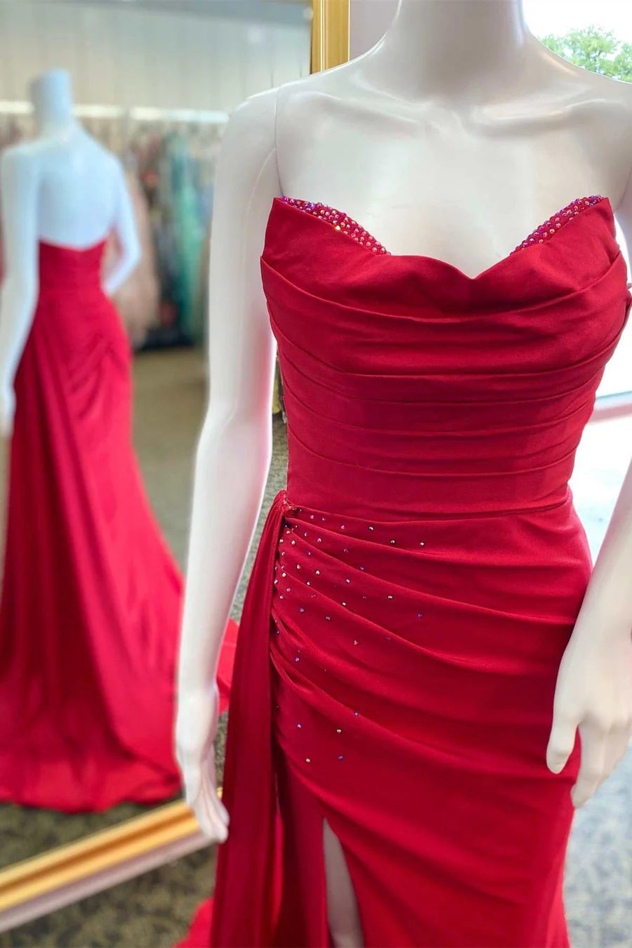 Beaded Strapless Ruched Long Formal Dress with Attached Train