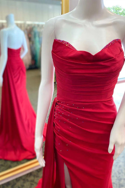 Beaded Strapless Ruched Long Formal Dress with Attached Train